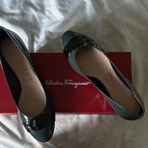 Salvatore Ferragamo Dark Green Patent Leather Bow Loafers